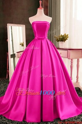 Pleated Red Sleeveless Satin Sweep Train Lace Up Prom Dress for Prom and Party