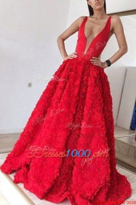 Free and Easy Red Prom Dress Prom and Party and For with Appliques V-neck Sleeveless Brush Train Zipper