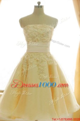 New Style Satin and Chiffon Strapless Sleeveless Zipper Appliques and Hand Made Flower Prom Party Dress in Yellow