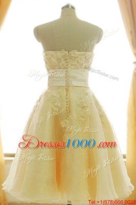 New Style Satin and Chiffon Strapless Sleeveless Zipper Appliques and Hand Made Flower Prom Party Dress in Yellow