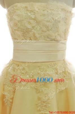 New Style Satin and Chiffon Strapless Sleeveless Zipper Appliques and Hand Made Flower Prom Party Dress in Yellow