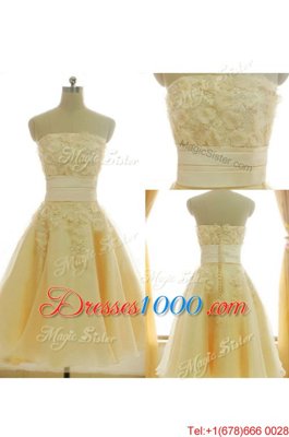 New Style Satin and Chiffon Strapless Sleeveless Zipper Appliques and Hand Made Flower Prom Party Dress in Yellow