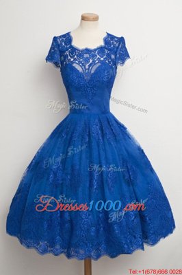 Scalloped Lace Cap Sleeves Knee Length Prom Dress and Lace
