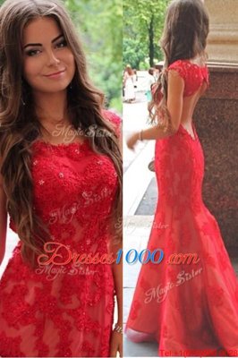 Mermaid Scoop Red Cap Sleeves Sweep Train Lace and Appliques With Train Prom Party Dress