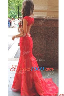 Mermaid Scoop Red Cap Sleeves Sweep Train Lace and Appliques With Train Prom Party Dress