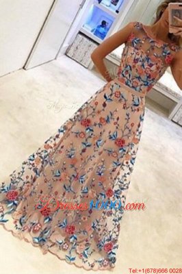 Scoop Multi-color Zipper Dress for Prom Hand Made Flower Sleeveless Floor Length