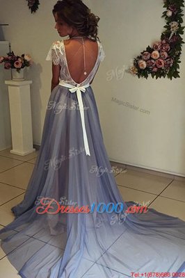 Noble Scoop Grey Cap Sleeves Court Train Lace and Bowknot Dress for Prom