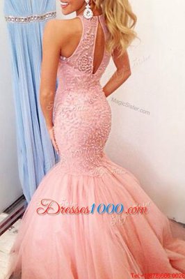 Mermaid Pink Scoop Neckline Lace Juniors Evening Dress Sleeveless Backless