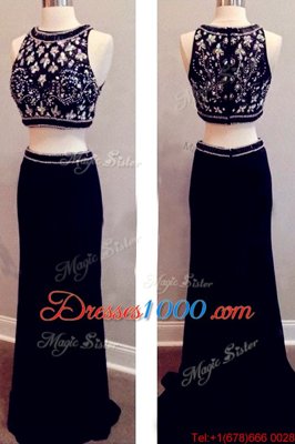 Stunning Black Two Pieces Scoop Sleeveless Elastic Woven Satin With Brush Train Zipper Beading Prom Party Dress