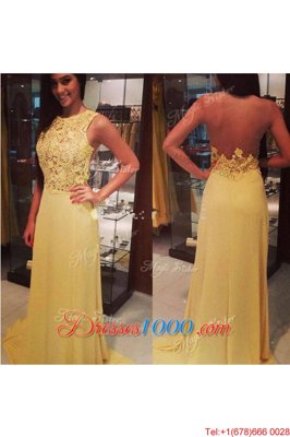 Affordable Yellow Homecoming Party Dress Prom and For with Lace Scoop Sleeveless Backless