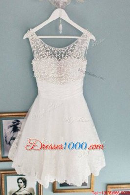 Scoop Sleeveless Prom Dresses Knee Length Beading White Lace