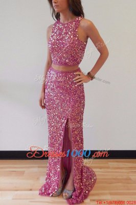 Mermaid Sequins Scoop Sleeveless Sweep Train Backless Evening Dress Lilac Sequined