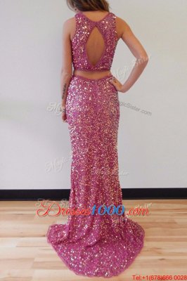 Mermaid Sequins Scoop Sleeveless Sweep Train Backless Evening Dress Lilac Sequined