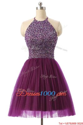Tulle Halter Top Sleeveless Zipper Sequins Dress for Prom in Purple
