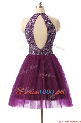 Tulle Halter Top Sleeveless Zipper Sequins Dress for Prom in Purple