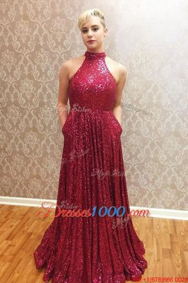 Halter Top Sequins Wine Red Sleeveless Sequined Zipper Womens Evening Dresses for Prom