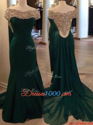 Pleated Dark Green Evening Dress Off The Shoulder Short Sleeves Sweep Train Side Zipper