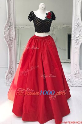 Fine Red Zipper V-neck Beading and Ruffles Evening Dress Organza Short Sleeves