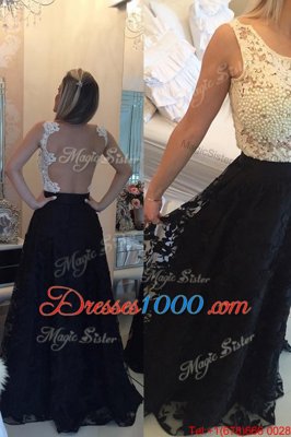 Column/Sheath Homecoming Dress White And Black Scoop Lace Sleeveless Floor Length Side Zipper