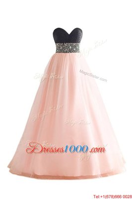 Sophisticated Pink And Black Organza Lace Up Evening Dress Sleeveless Floor Length Beading