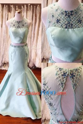 Fabulous Scoop Light Blue Mermaid Beading and Sashes|ribbons Dress for Prom Backless Satin Sleeveless Floor Length