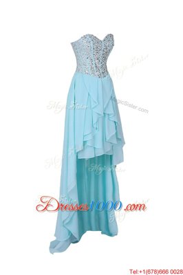 New Arrival Blue Chiffon Zipper Prom Dress Sleeveless High Low Beading