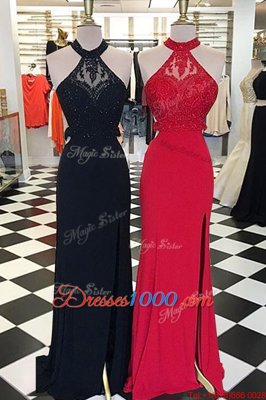 Black Column/Sheath Elastic Woven Satin Scoop Sleeveless Beading and Lace With Train Backless Prom Dress Sweep Train
