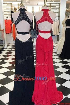 Black Column/Sheath Elastic Woven Satin Scoop Sleeveless Beading and Lace With Train Backless Prom Dress Sweep Train