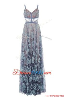 Lace Spaghetti Straps Sleeveless Backless Lace Dress for Prom in Blue