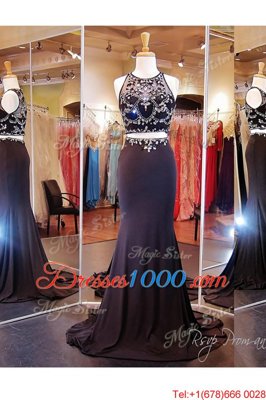 Noble Scoop With Train Black Homecoming Dress Elastic Woven Satin Brush Train Sleeveless Beading and Appliques
