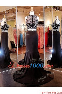 Noble Scoop With Train Black Homecoming Dress Elastic Woven Satin Brush Train Sleeveless Beading and Appliques