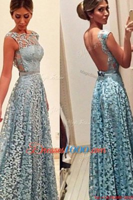 Popular Turquoise A-line Bateau Sleeveless Lace Floor Length Backless Lace