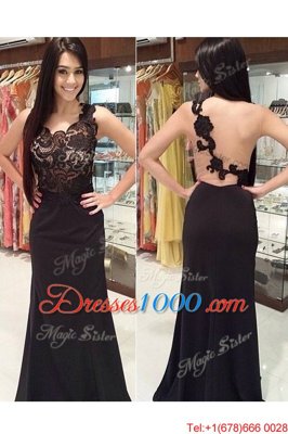 Spectacular Scoop Black Column/Sheath Appliques Prom Evening Gown Backless Lace Sleeveless With Train