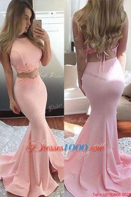 Chic Mermaid Pink Scoop Backless Lace Prom Evening Gown Sweep Train Sleeveless
