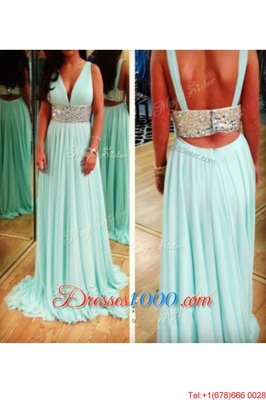 A-line Prom Evening Gown Aqua Blue V-neck Chiffon Sleeveless Floor Length Backless