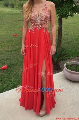 Superior Red Sleeveless Chiffon Backless Prom Dresses for Prom