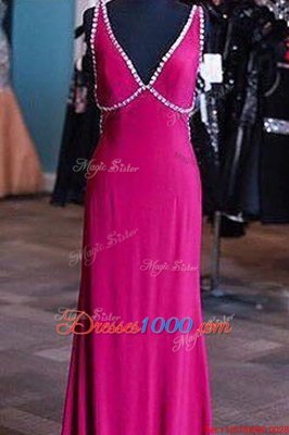 Satin V-neck Sleeveless Zipper Sashes|ribbons Prom Gown in Fuchsia