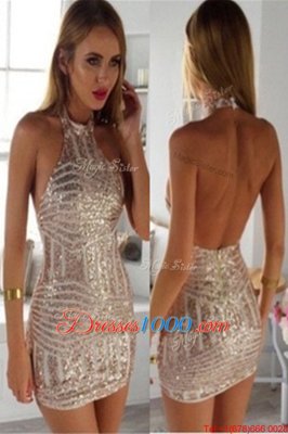 Halter Top Champagne Sleeveless Mini Length Ruching Zipper Cocktail Dresses