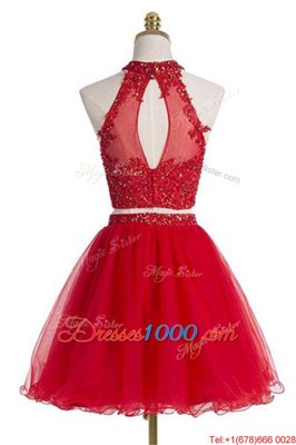 Red Two Pieces Tulle Halter Top Sleeveless Beading Knee Length Zipper Dress for Prom