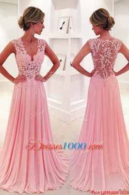 A-line Sleeveless Pink Dress for Prom Sweep Train Side Zipper