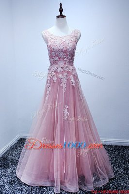 Scoop Sleeveless Floor Length Appliques Lace Up Prom Evening Gown with Pink