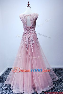 Scoop Sleeveless Floor Length Appliques Lace Up Prom Evening Gown with Pink