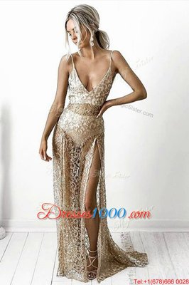 Beauteous Lace With Train Champagne Evening Dress Spaghetti Straps Sleeveless Brush Train Backless