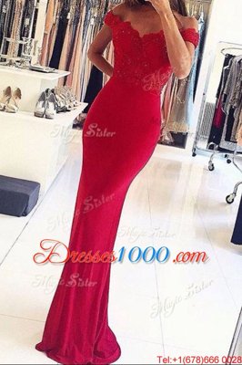 Amazing Mermaid Red Elastic Woven Satin Zipper Off The Shoulder Sleeveless Floor Length Homecoming Dress Beading and Appliques
