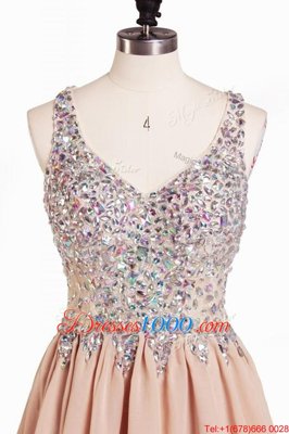 Edgy Peach V-neck Neckline Beading Cocktail Dresses Sleeveless Side Zipper