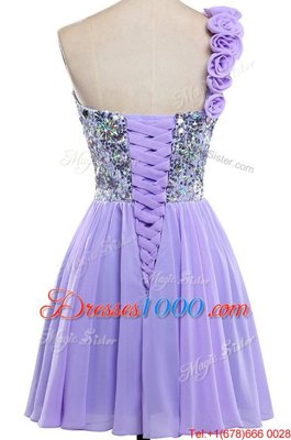 Low Price One Shoulder Sequins Mini Length A-line Sleeveless Lavender Party Dress Wholesale Lace Up