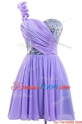 Low Price One Shoulder Sequins Mini Length A-line Sleeveless Lavender Party Dress Wholesale Lace Up