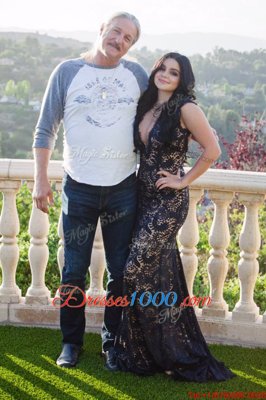 Custom Fit Mermaid Lace Prom Dresses Navy Blue Backless Sleeveless Brush Train