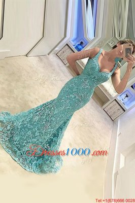 Pretty Mermaid With Train Turquoise Evening Dress Straps Sleeveless Sweep Train Zipper