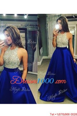 Lovely Halter Top Blue Sleeveless Chiffon Backless Evening Wear for Prom and Party